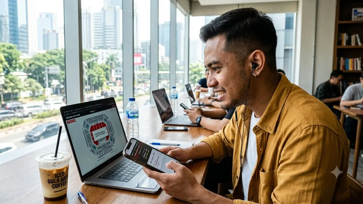 Seorang penonton mempersiapkan diri mengikuti war tiket konser secara online melalui perangkat digital. (AI Generated)