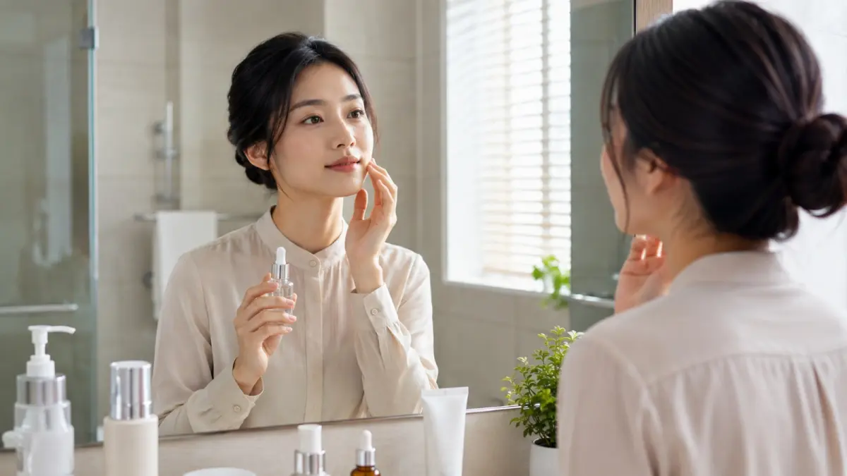 Ilustrasi seorang perempuan mengaplikasikan serum sebagai bagian dari rutinitas skincare. (AI Generated)