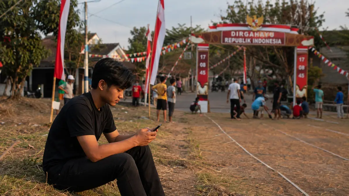 Ilustrasi generasi muda di tengah suasana perayaan kemerdekaan, ketika makna 17 Agustus terus berkembang mengikuti perubahan zaman. (AI Generated)