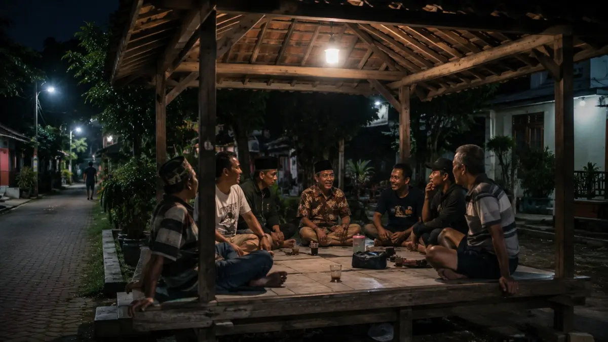 Kegiatan ronda malam yang dahulu sering dilakukan oleh bapak-bapak. (AI generated)