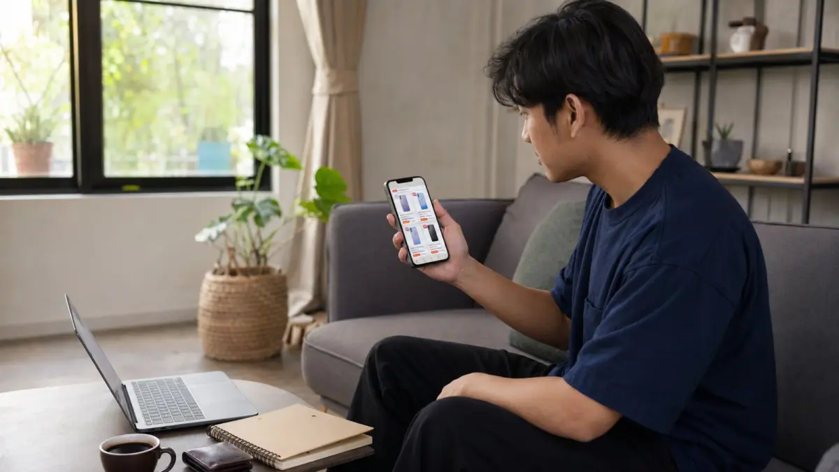 Ilustrasi konsumen membandingkan harga gadget sebelum membeli. (AI Generated)
