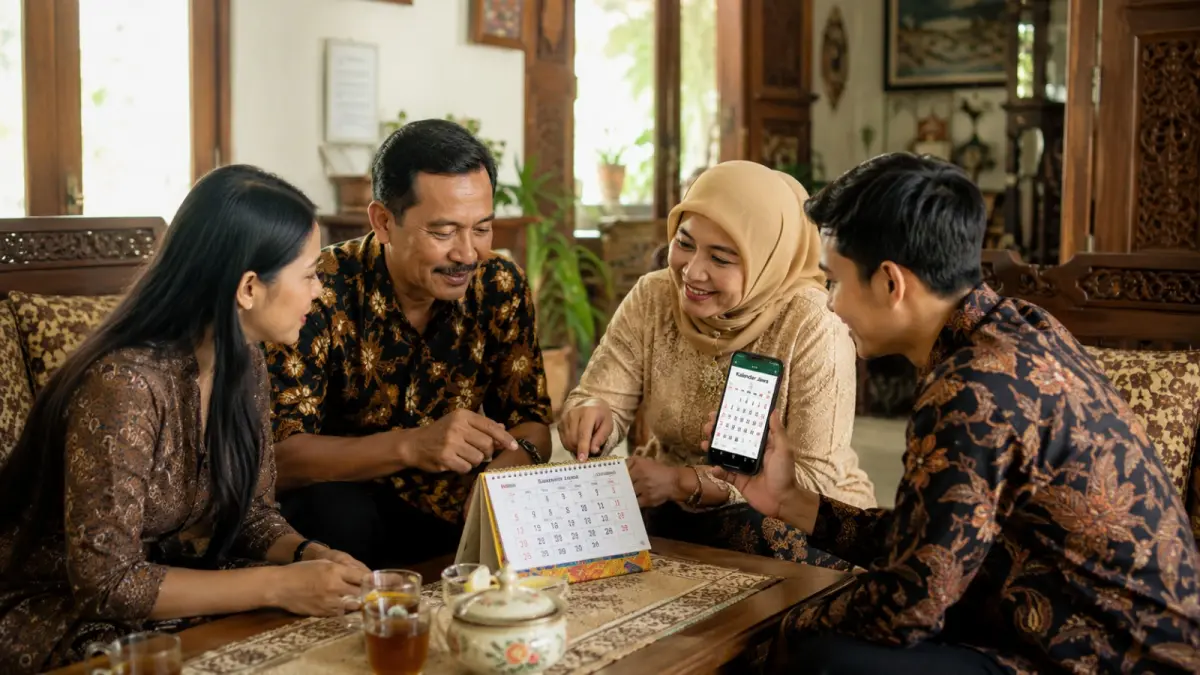 Ilustrasi percakapan keluarga saat menentukan tanggal acara. Tradisi penanggalan Jawa masih dikenali sebagian masyarakat, termasuk melalui media digital. (AI Generated)