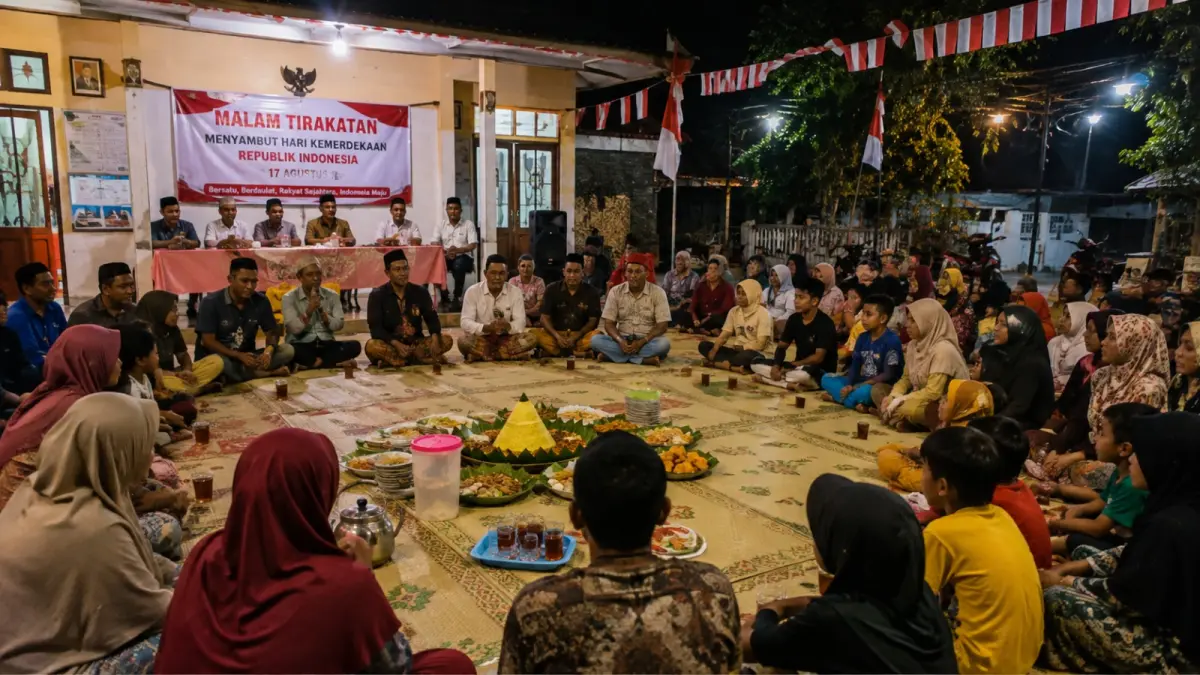 Ilustrasi suasana malam tirakatan yang digelar warga sebagai tradisi menyambut Hari Kemerdekaan Republik Indonesia. (AI Generated)
