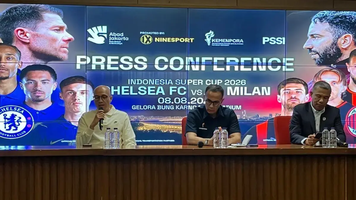 Konferensi pers pertandingan uji coba pramusim antara Chelsea vs AC Milan di SUGBK. (Andika Rachmansyah/JawaPos.com)
