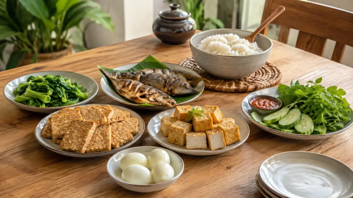 Telur, tempe, tahu, dan ikan kembung merupakan beberapa bahan pangan yang dapat menjadi sumber protein dalam menu sehari-hari. (AI Generated)