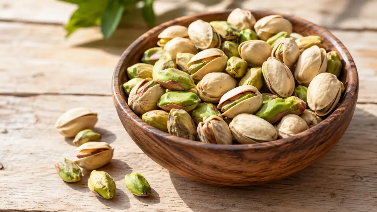 Biji pistachio menjadi salah satu kacang yang semakin populer, baik sebagai camilan maupun bahan berbagai olahan dessert. (AI Generated)