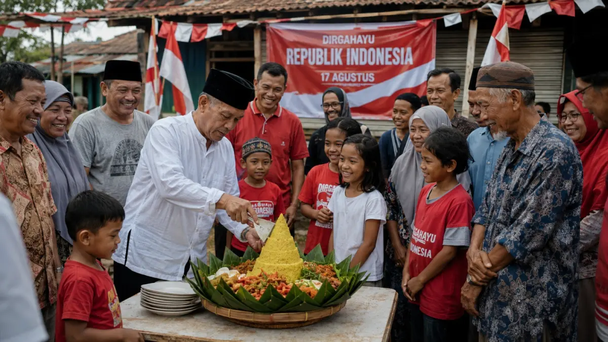 Ilustrasi warga berkumpul dalam tradisi potong tumpeng saat perayaan Hari Kemerdekaan 17 Agustus. Tradisi ini menjadi simbol rasa syukur dan kebersamaan masyarakat. (AI Generated)