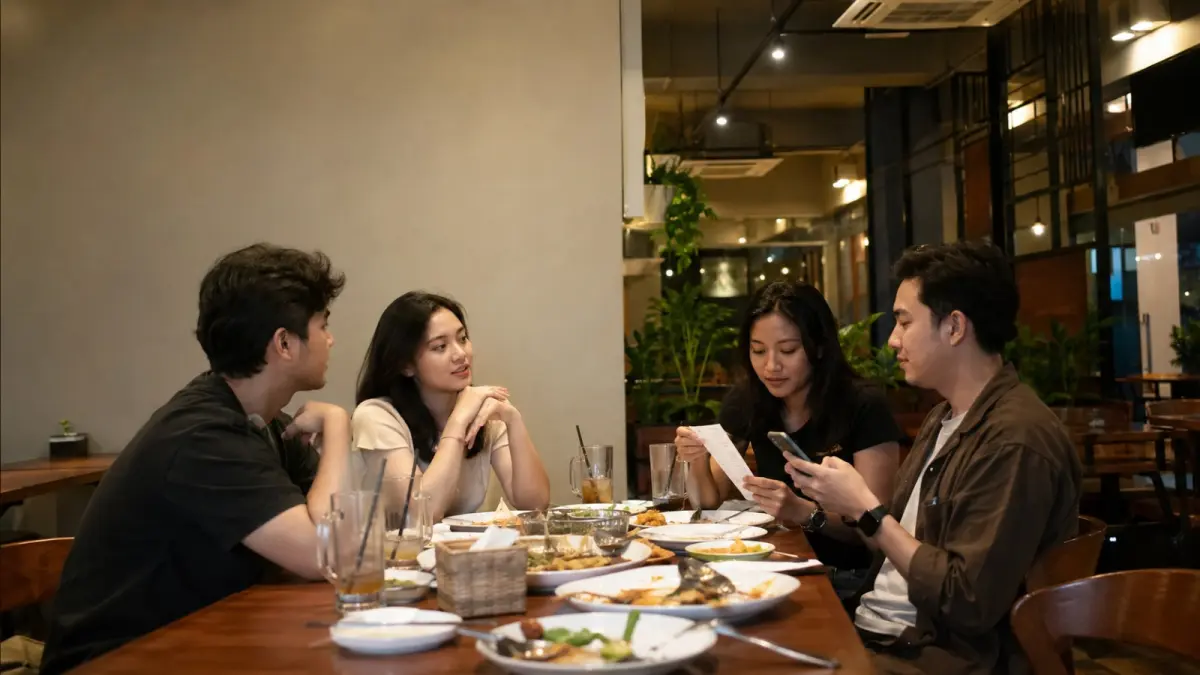 Split bill menjadi cara praktis membagi tagihan saat makan atau nongkrong bersama. (AI Generated)