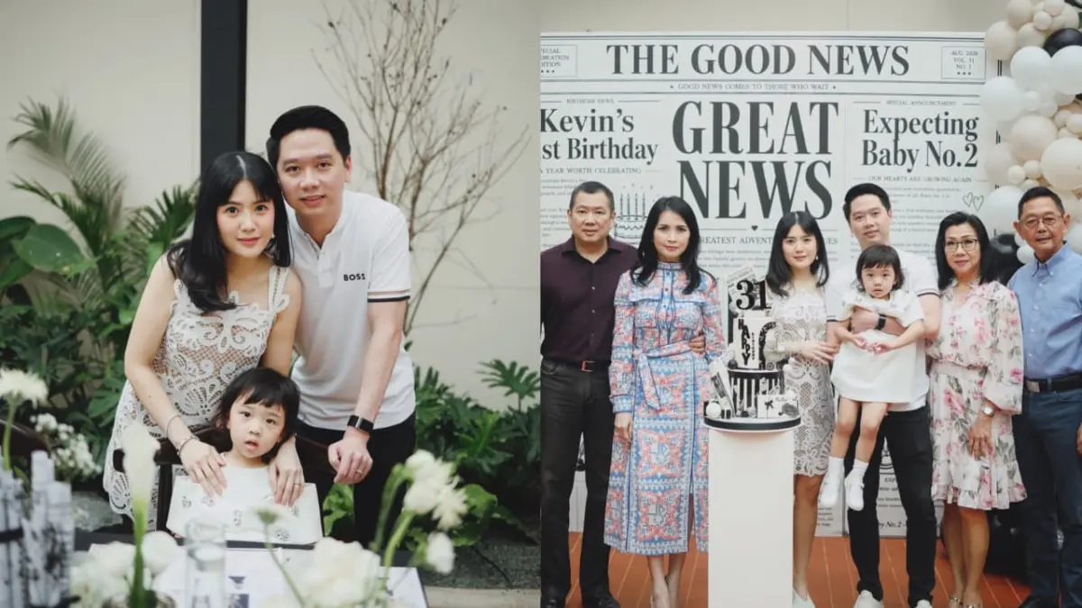 Kevin Sanjaya dan Valencia Tanoesoedibjo bersama Avery dalam perayaan ulang tahun Kevin, yang turut menjadi momen pengumuman kehamilan anak kedua. (Instagram/@valenciatanoe)