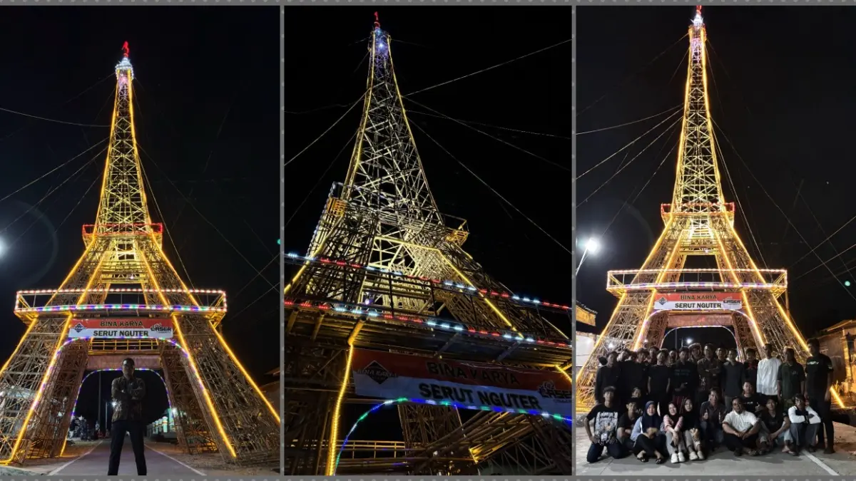 Karang Taruna Bina Kaya Desa Serut, Nguter, Sukoharjo berhasil membuat replika Menara Eiffel setinggi 22 meter dari bambu warga untuk merayakan HUT ke-81 RI. (Iwan Kawul/Radar Solo)