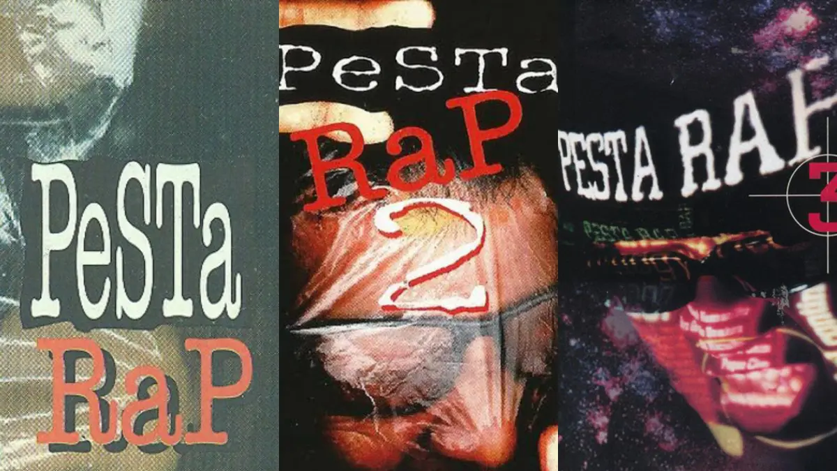 Foto Kolase Kompilasi Album Pesta Rap, Pesta Rap 2, Pesta Rap 3, Dari Tahun 1995 Sampai 1997 (gambar dari kiri ke kanan)