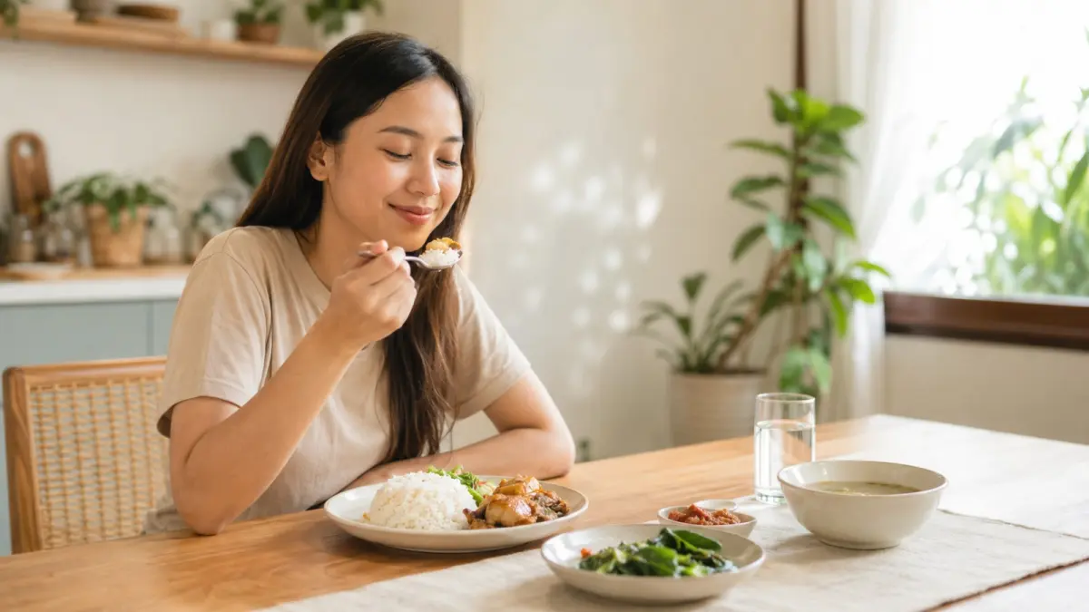Ilustrasi mindful eating mengajak seseorang lebih sadar saat makan, termasuk memperhatikan rasa lapar, kenyang, dan menikmati makanan tanpa terburu-buru. (AI Generated)
