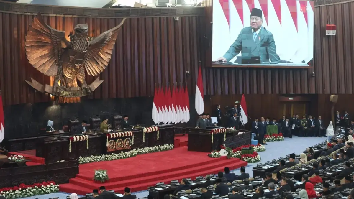 Pidato Presiden Prabowo Subianto dalam Sidang Tahunan MPR RI serta Sidang Bersama DPR RI dan DPD RI Tahun 2026 di Kompleks Parlemen, Jakarta, Jumat (14/8/2026). (Dery Ridwansah/ JawaPos.com)