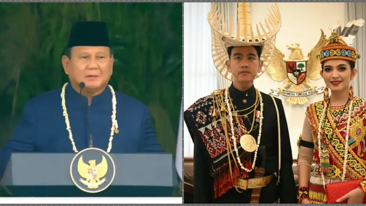 Presiden Prabowo Subianto memimpin Upacara Detik-detik Proklamasi HUT ke-81 RI di Istana Merdeka, Jakarta (foto kiri). Wakil Presiden (Wapres) Gibran Rakabuming Raka bersama istrinya, Selvi Ananda, menghadiri Upacara dengan mengenakan pakaian adat NTT , Senin, Jakarta, Senin (17/8). (YouTube Setpres Screenshot)