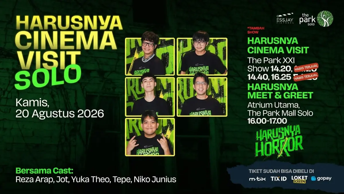 Tiket Cinema Visit film Harusnya Horror di Solo ludes terjual! Reza Arap dan cast sapa fans di The Park XXI & Atrium Utama. Perpaduan komedi-horor debut sutradara Arap sukses bikin heboh pengunjung 