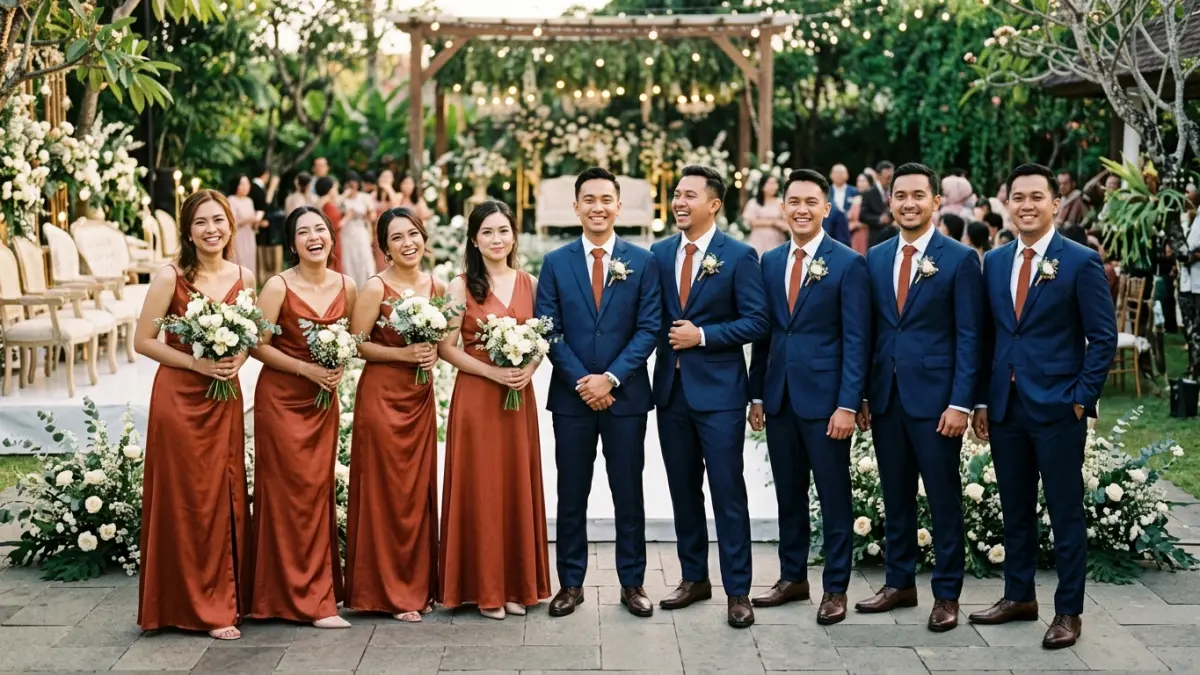 Ilustrasi bridesmaid dan groomsmen dalam acara pernikahan. (AI generated)