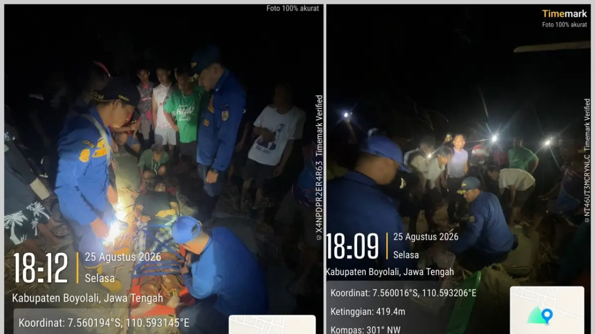 Satu tim Regu 01 Damkar Boyolali tengah melakukan evakuasi penyelamatan Taufik dari dasar jurang, Senin (26/8/2026).
