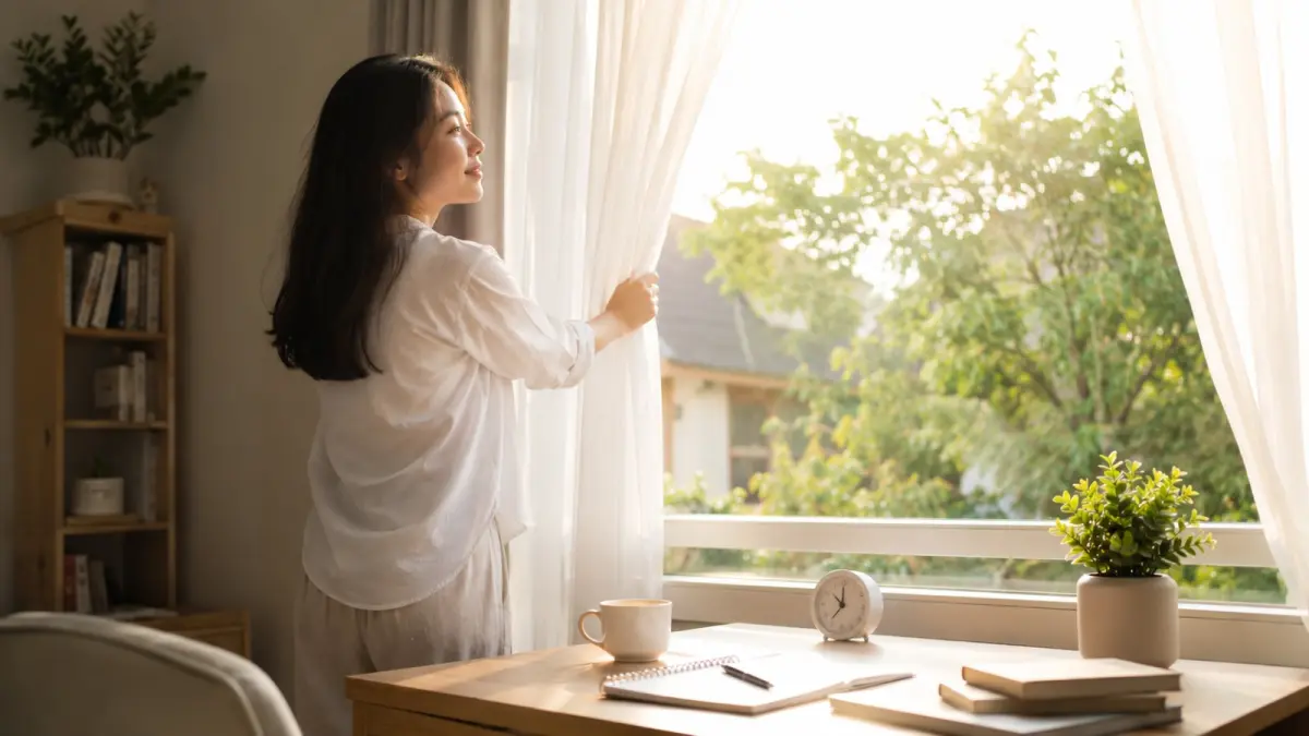 Ilustrasi morning person yang menikmati pagi dengan suasana tenang dan segar. (AI Generated)