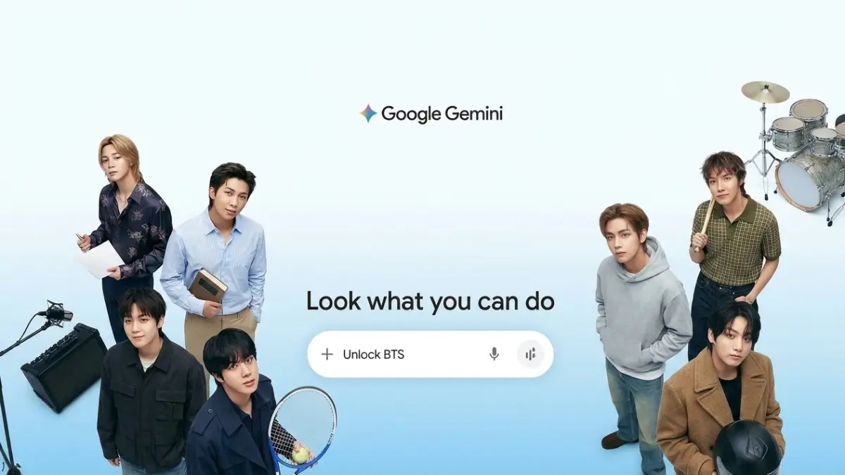 Google gaet BTS luncurkan 4 fitur interaktif di Gemini. Langkah ini jadi strategi tingkatkan literasi AI global lewat pop culture, mulai dari belajar bahasa Korea hingga permainan tebak lagu berbasis kecerdasan buatan. (Gemini AI Generated)