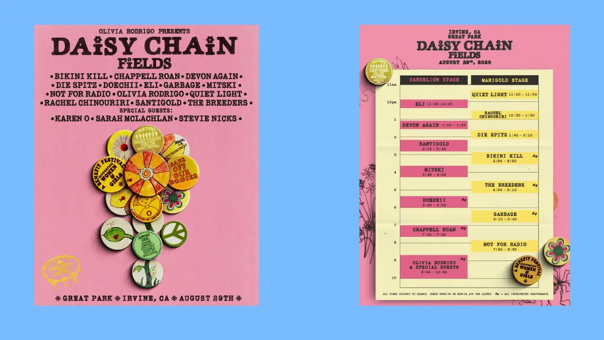 Daisy Chain Fields 2026 yang digagas Olivia Rodrigo terinspirasi dari Lilith Fair era 1990-an. (daisychainfields.com)