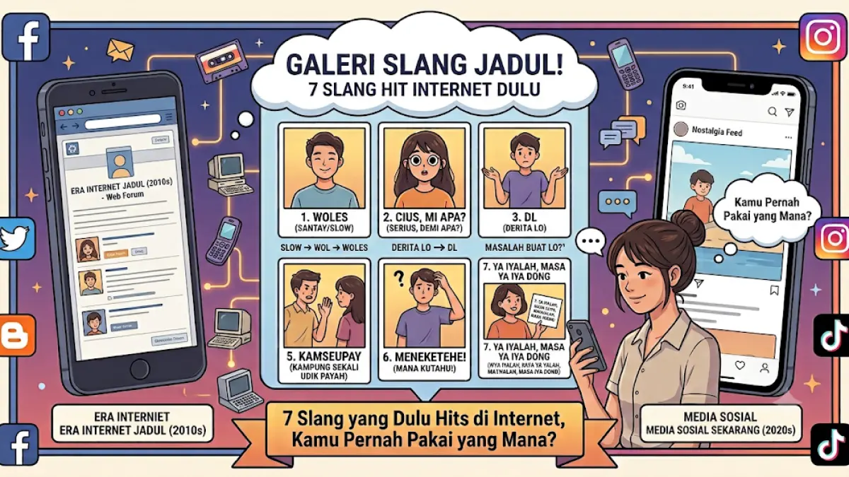 Tujuh slang internet jadul seperti woles, kamseupay, hingga masbuloh pernah populer pada masanya. (AI Generated)