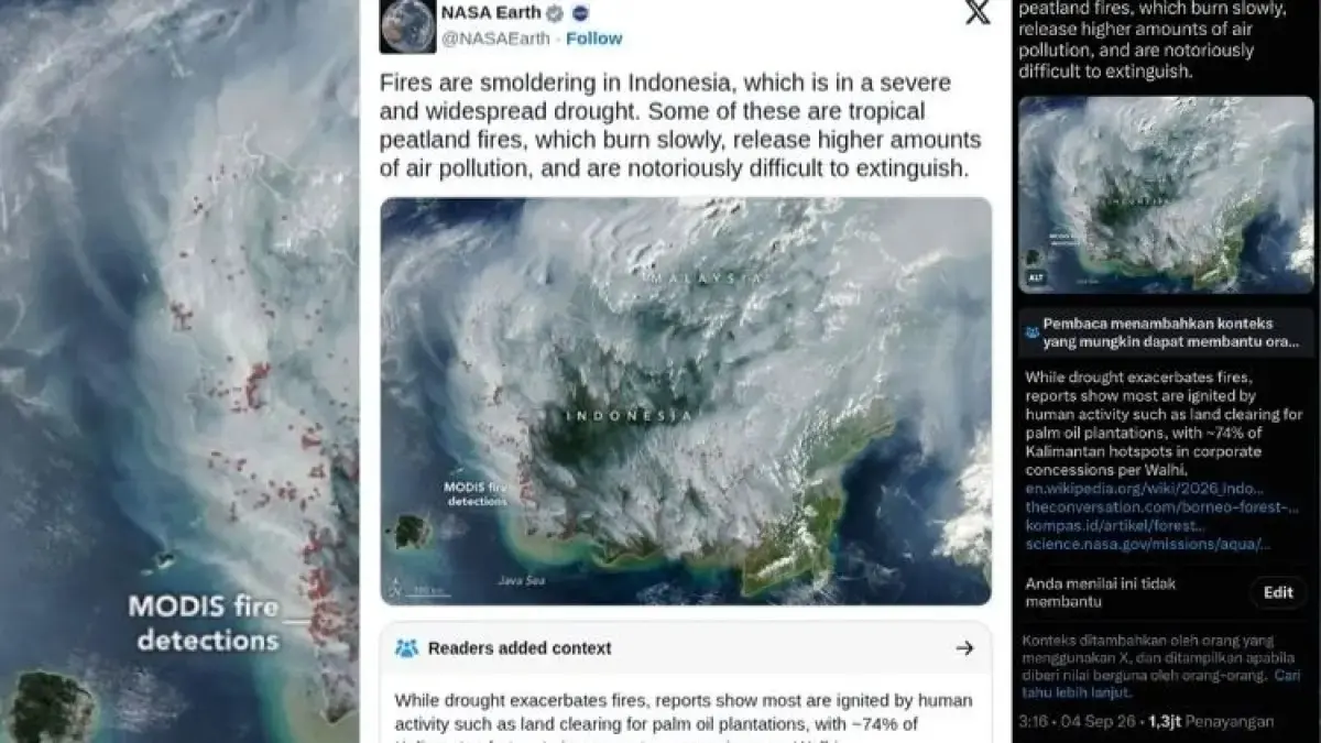 Ilustrasi foto satelit Aqua milik NASA yang menangkap citra udara wilayah kebakaran hutan dan lahan di Pulau Kalimantan/NASA Earth