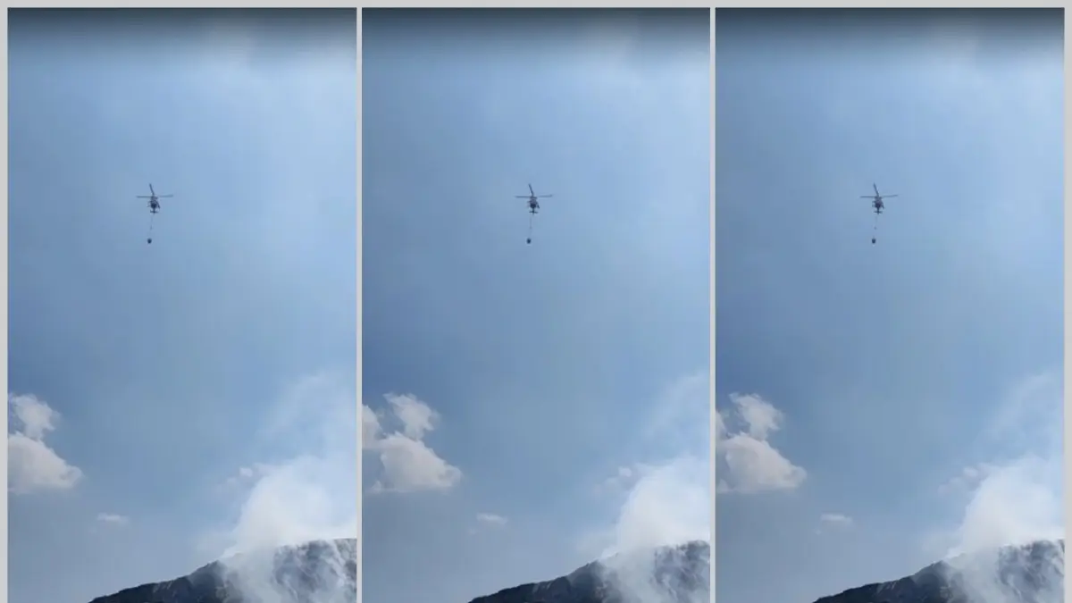 Kolase foto Helikopter water bombing Polda DIY dikerahkan padamkan kebakaran TPA Putri Cempo Solo dari udara. (SIlvester/Radar Solo)