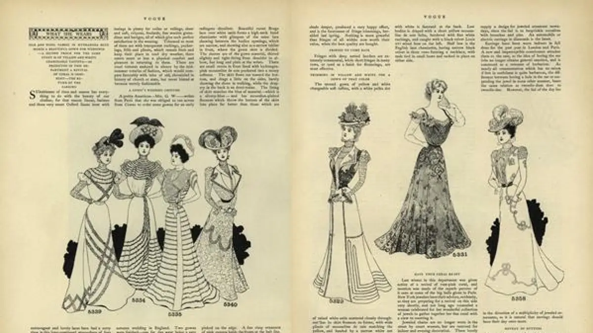 Vogue edisi 8 September 1898 membahas tren fashion, termasuk bahan sutra dan wol dalam warna Hydrangea Blue serta perkiraan warna yang diprediksi populer. (Vogue Archive)