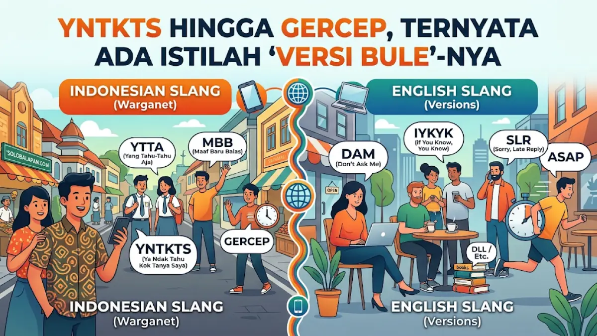 Singkatan digital seperti YNTKTS, YTTA, dan Gercep memiliki padanan fungsi dalam bahasa Inggris seperti DAM, IYKYK, dan ASAP. (AI Generate)