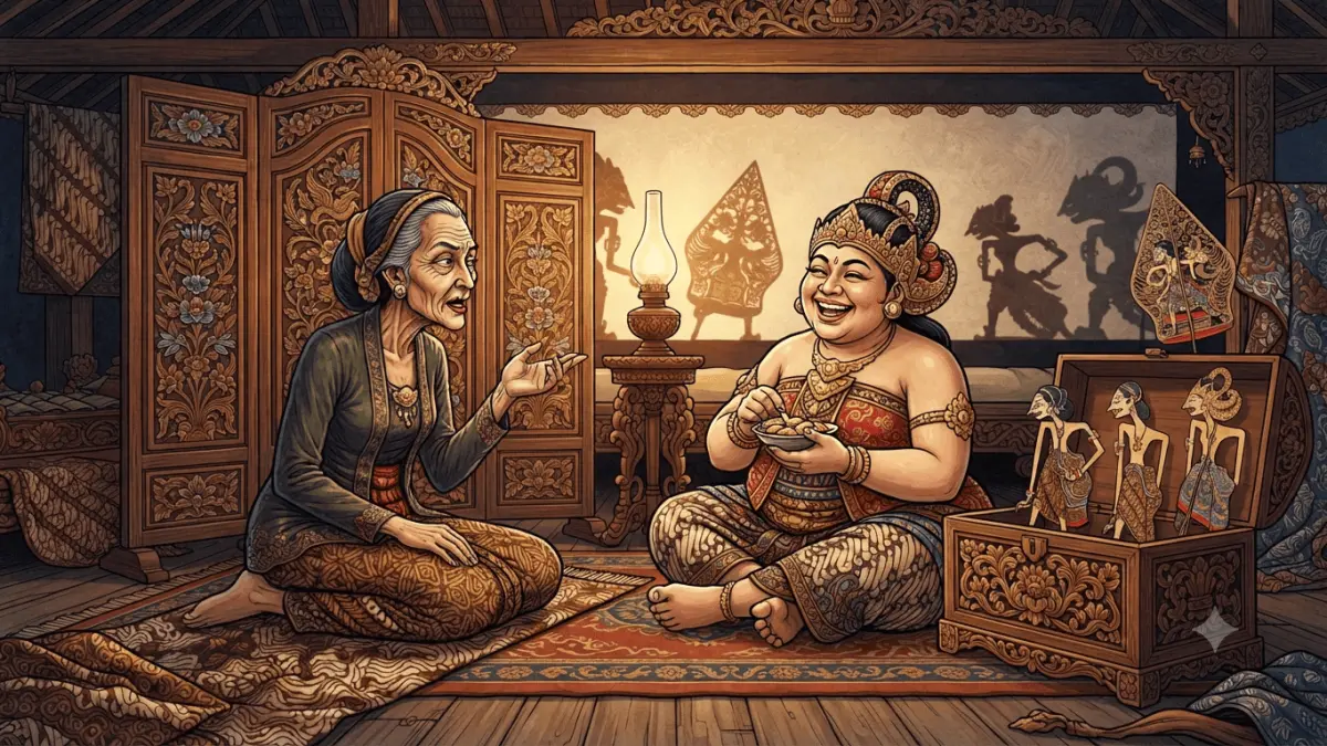 Ilustrasi Tokoh Wayang Limbuk dan Cangik (gemini AI)