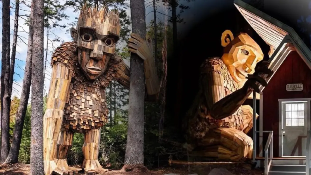 Troll raksasa karya Thomas Dambo yang dibuat dari material bekas dan ditempatkan di kawasan alam.(kodekeras_ig)