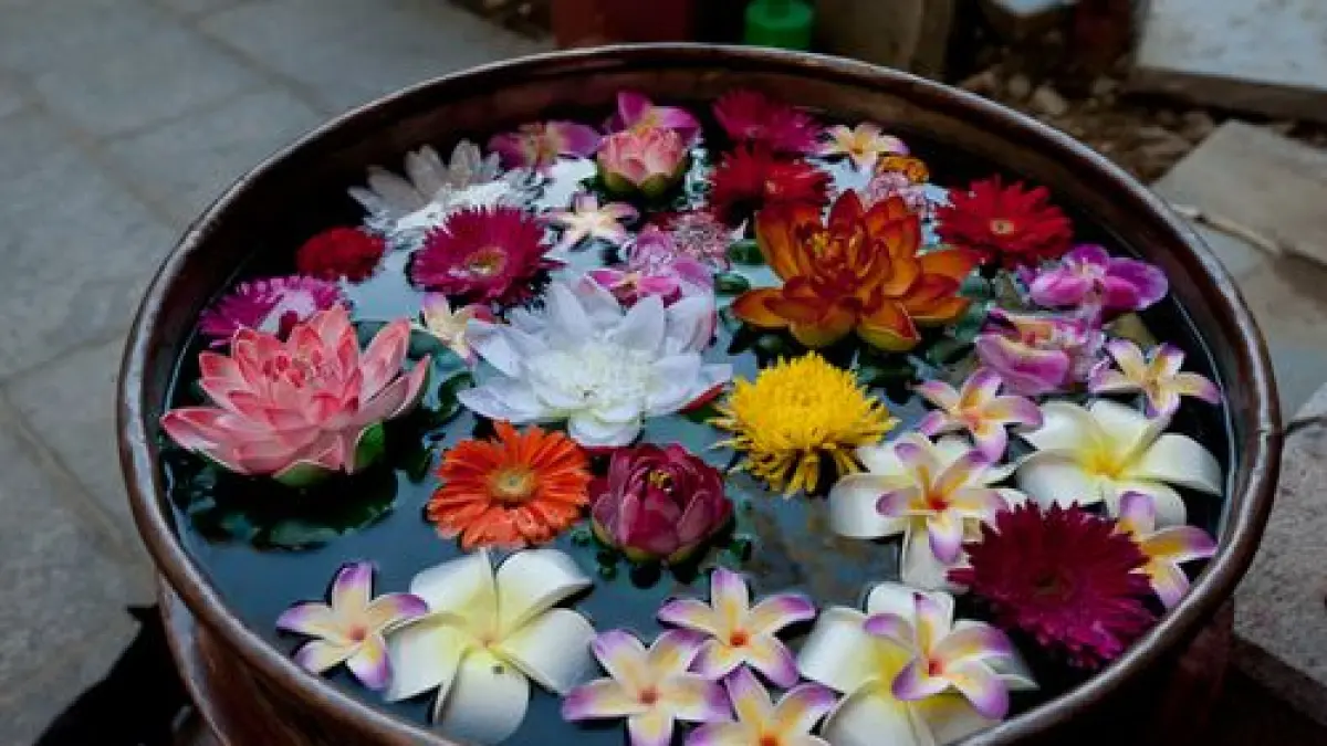 Tradisi mandi menggunakan bunga, tumbuhan, buah, atau air beraroma ditemukan budaya dengan makna yang berbeda. (Pinterest)