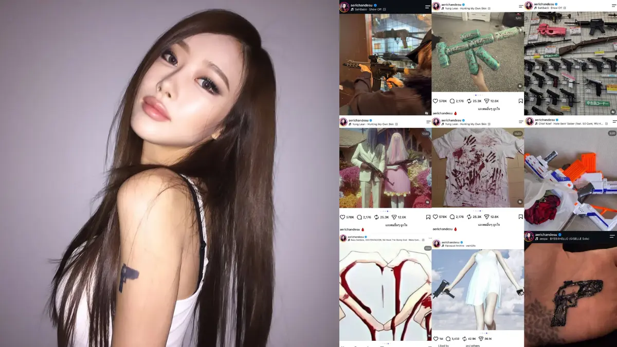Giselle aespa dikritik netizen akibat unggahan lama bermuatan visual gelap, senjata, hingga kaus bergambar pembunuh berantai Richard Ramirez. (Instagram @aerichandesu)