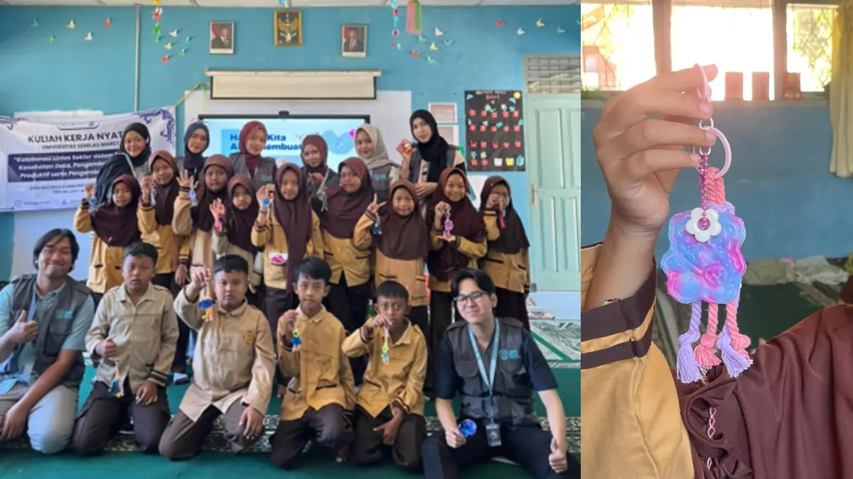Siswa SD Negeri Balong, Gunungkidul, memanfaatkan limbah tutup botol plastik untuk membuat keychain kreatif lewat pelatihan mahasiswa KKN UNS. (Risma)