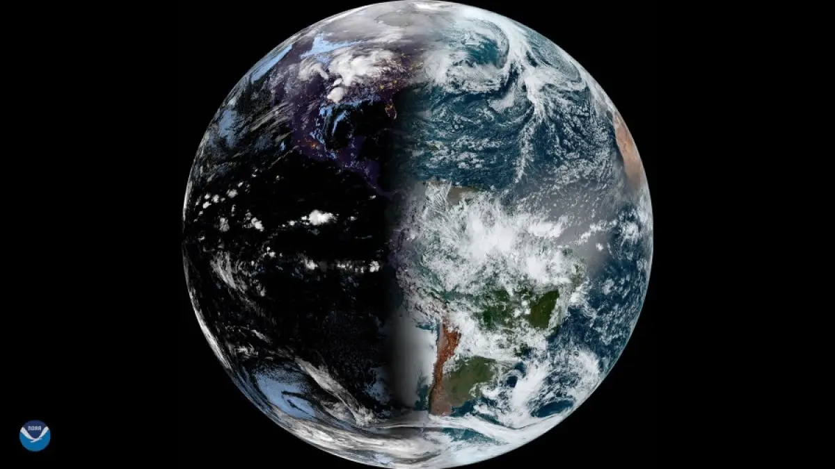 Ilustrasi posisi Bumi dan Matahari saat ekuinoks September. Pada momen ini, Matahari melintasi bidang ekuator Bumi. (NASA/JPL-Caltech)