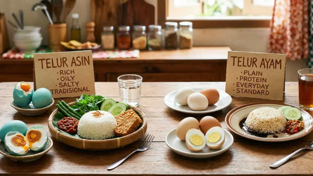 Ilustrasi,telur asin vs telur ayam.(Gemini)