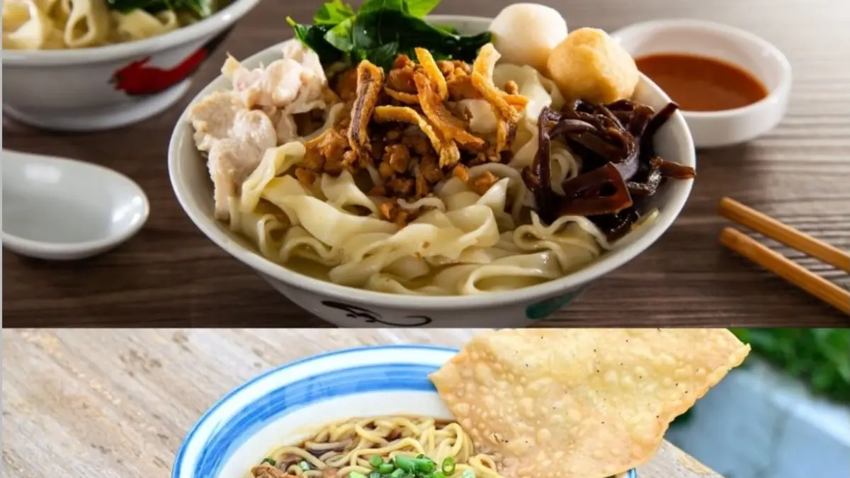 Mie ayam dan bakmi yang sekilas mirip, tetapi memiliki perbedaan pada tekstur, topping, dan cara penyajiannya.(Indozonefood)