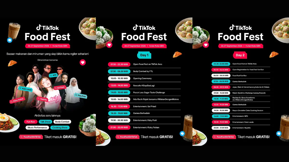 Puncak TikTok Food Fest 2026 digelar gratis di Hutan Kota GBK, Jakarta pada 26–27 September 2026.