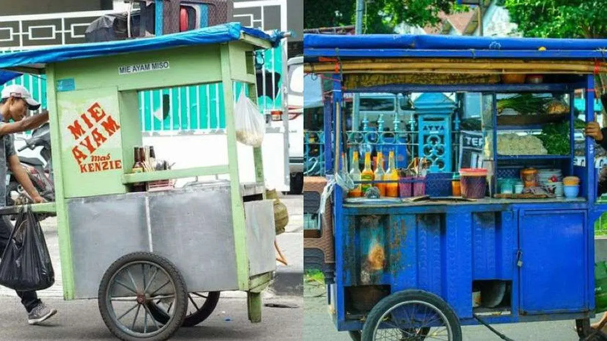 Gerobak mi ayam dengan warna berbeda yang kerap dikaitkan dengan asal daerah dan ciri racikannya.
