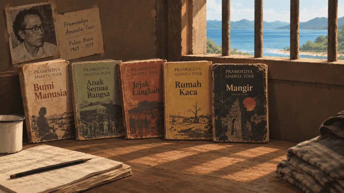 Deretan Buku karya Pramoedya Ananta Toer saat diasingkan ke Pulau Buru. (AI Generated)