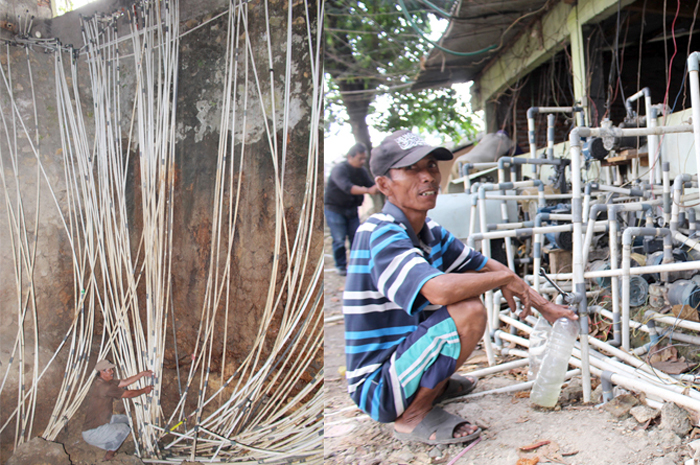 BERJEJER: Warga mengecek ratusan pipa pompa air di Sedang Sari, Desa Sugihmanik, Tanggungharjo, Grobogan, (kiri). Sedangkan salah satu warga mengecek mesin pompa air yang tidak menyala (kanan).