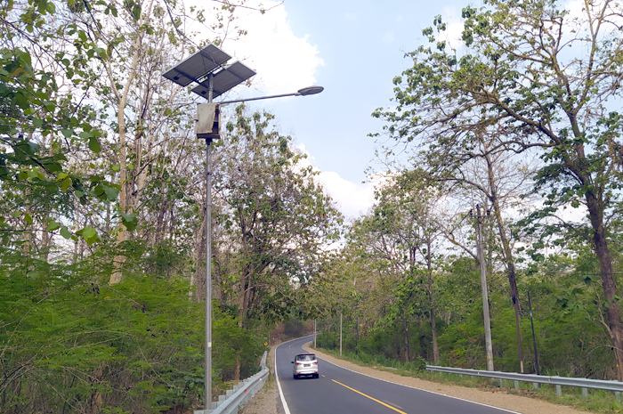 TAK ADA ISINYA: Salah satu lampu PJU tenaga surya di ruas Jalan Nasional Blora-Cepu yang baterainya hilang dicuri.