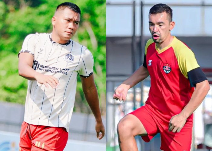 Rizki Novriansyah (kanan) striker Persipa Pati dan&nbsp;Lokaev (kiri) bek asing Persekat Tegal.&nbsp;
