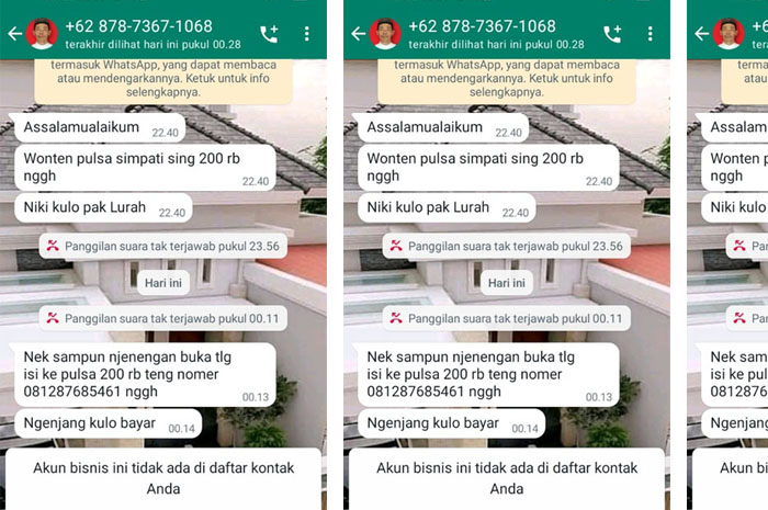 AKSI TIPU-TIPU: Salah satu nomor WA meminta pulsa yang menggunakan foto profil salah satu kades di Rembang Kota.