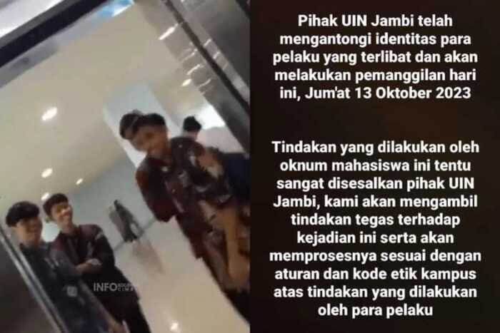 Universitas Islam Negeri (UIN) Jambi memberikan sanksi bagi pelaku bullying mahasiswi saat sedang naik lift