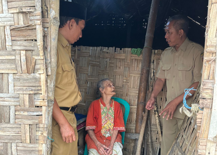 CEK KONDISI: Kades Pamotan, A. Maskhur Rukhani bersama perangkat saat mengecek rumah Sofiatun, 86, warga Mbabrik, Sridadi, Pamotan.