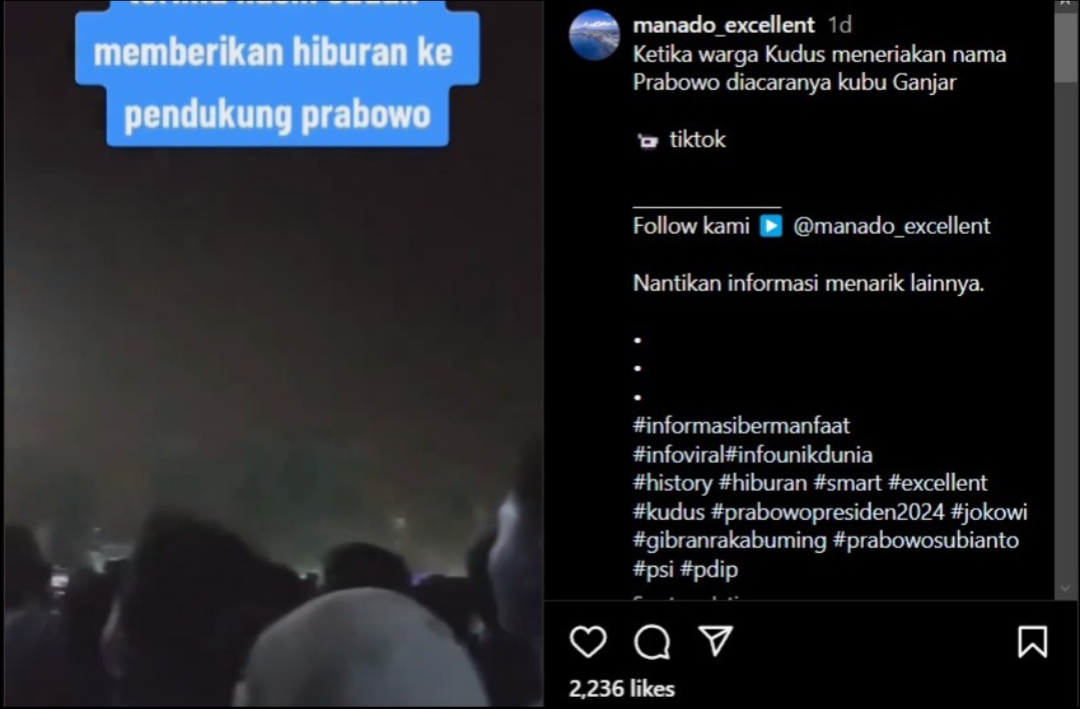 TANGKAPAN LAYAR: Detik-detik nama Prabowo menggema di tengah konser musik relawan Ganjar-Mahfud MD di Kudus baru-baru ini.