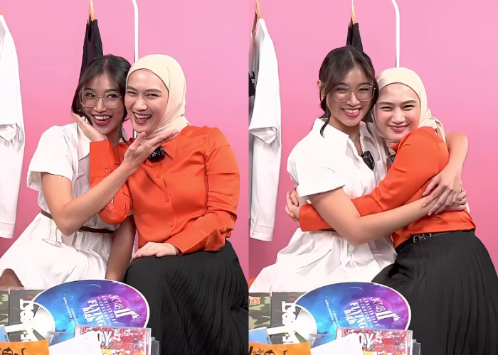 Pose kiyowo Shani dan Melody saat sesi Shopee Live Streaming Grand Launching JKT48 Official Store.