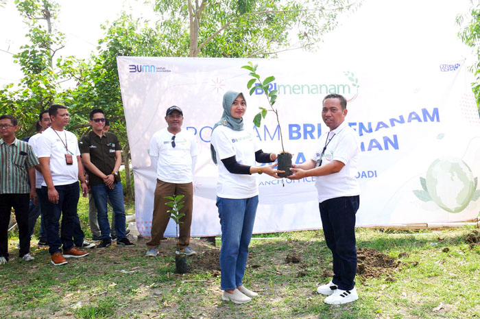 TANAM POHON: Pemimpin Cabang BRI Purwodadi Stefanus Juarto menanam pohon bersama warga Desa Pilangpayung, Kecamatan Toroh dalam program BRI Menanam, Kamis (9/11) lalu.
