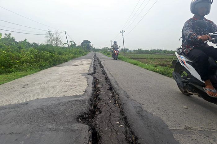 RUSAK: Ruas Jalan Purwodadi-Kedungrejo Desa Karanganyar Kecamatan Purwodadi merekah lebar.